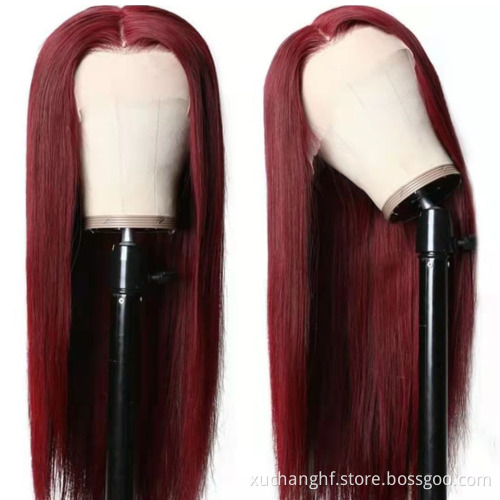Burgundy red color ombre lace front wig,100% remy hair long straight 99j human hair wig,burgundy red coloured full lace wig